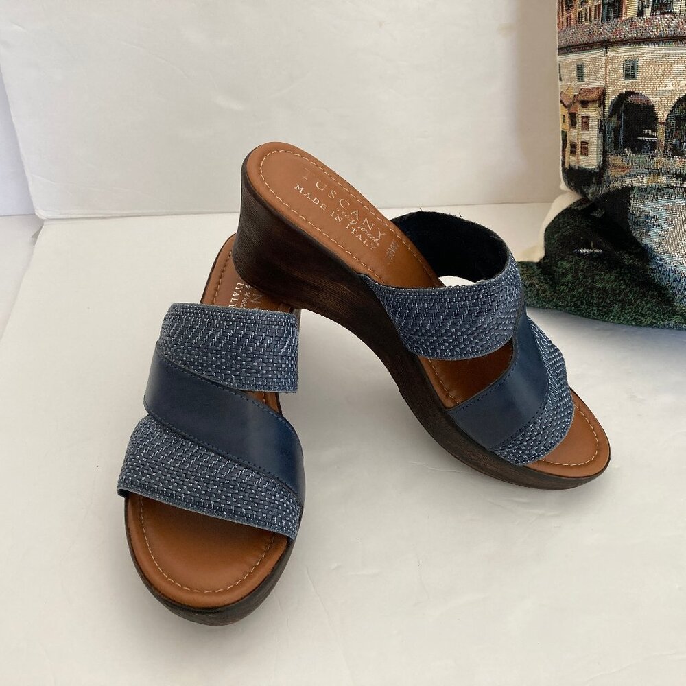 Leather Navy Wedge Slide Sandals